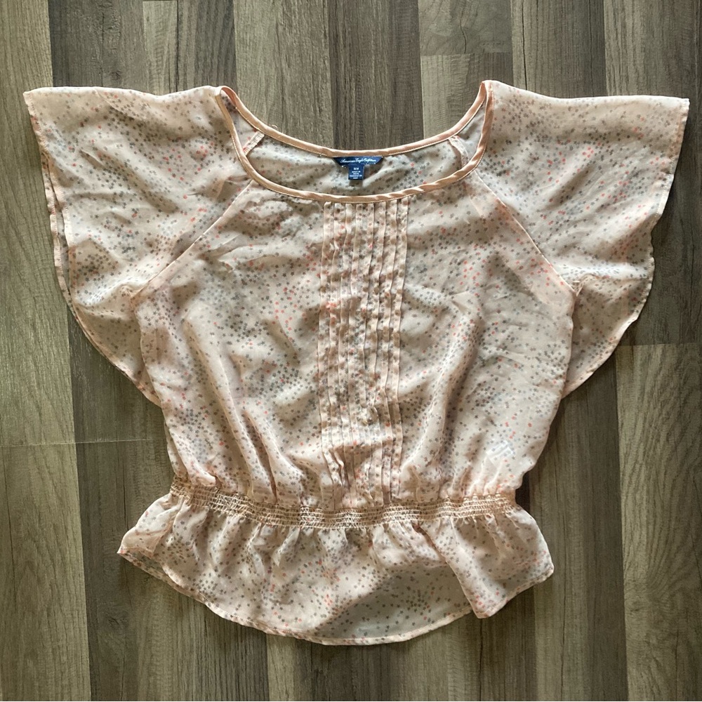 American Eagle Light Pink Blush Stars Flounce Sleeve Chiffon Blouse Size M